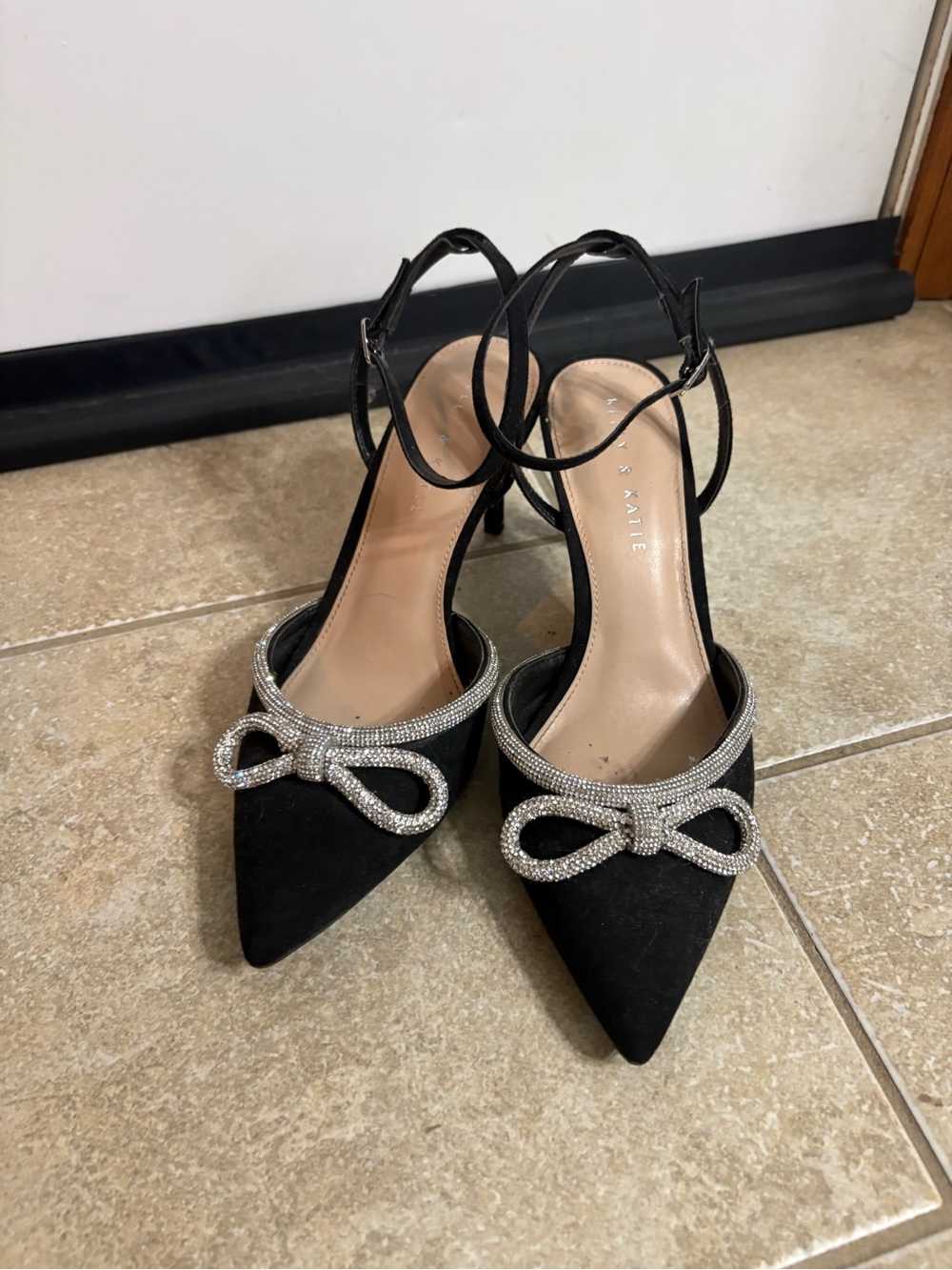 Kelly & Katie Black Pointed Toe Slingback Pumps with Crystal Bow